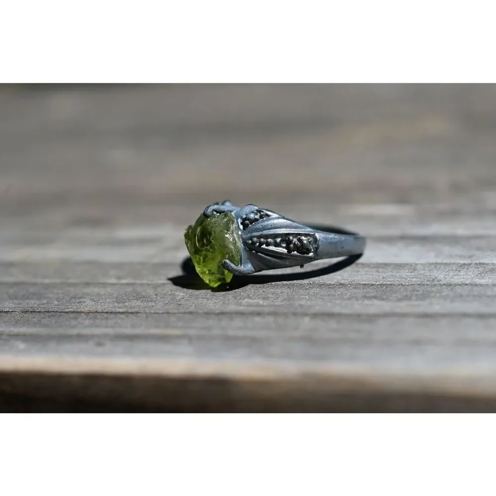 Peridot Ring, unique raw stone ring, natural gemstone ring, anniversary ring